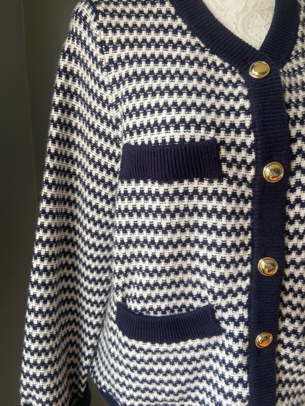 Free Assembly Navy & White Knit Button-Front Cardigan Sweater - Picture 3 of 6